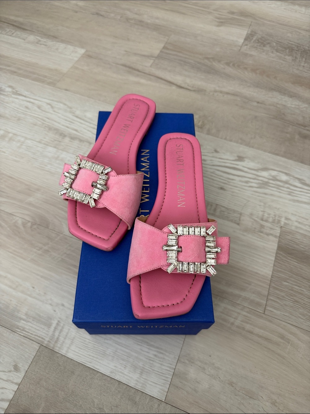 Stuart Weitzman Pink Suede Jeweled Buckle Slide Mules